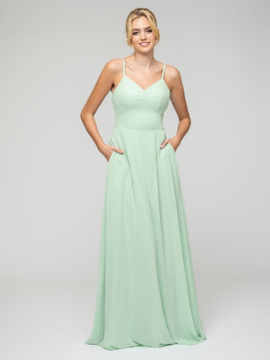 Spaghetti Strap Tie Back Long Chiffon Bridesmaid Dresses