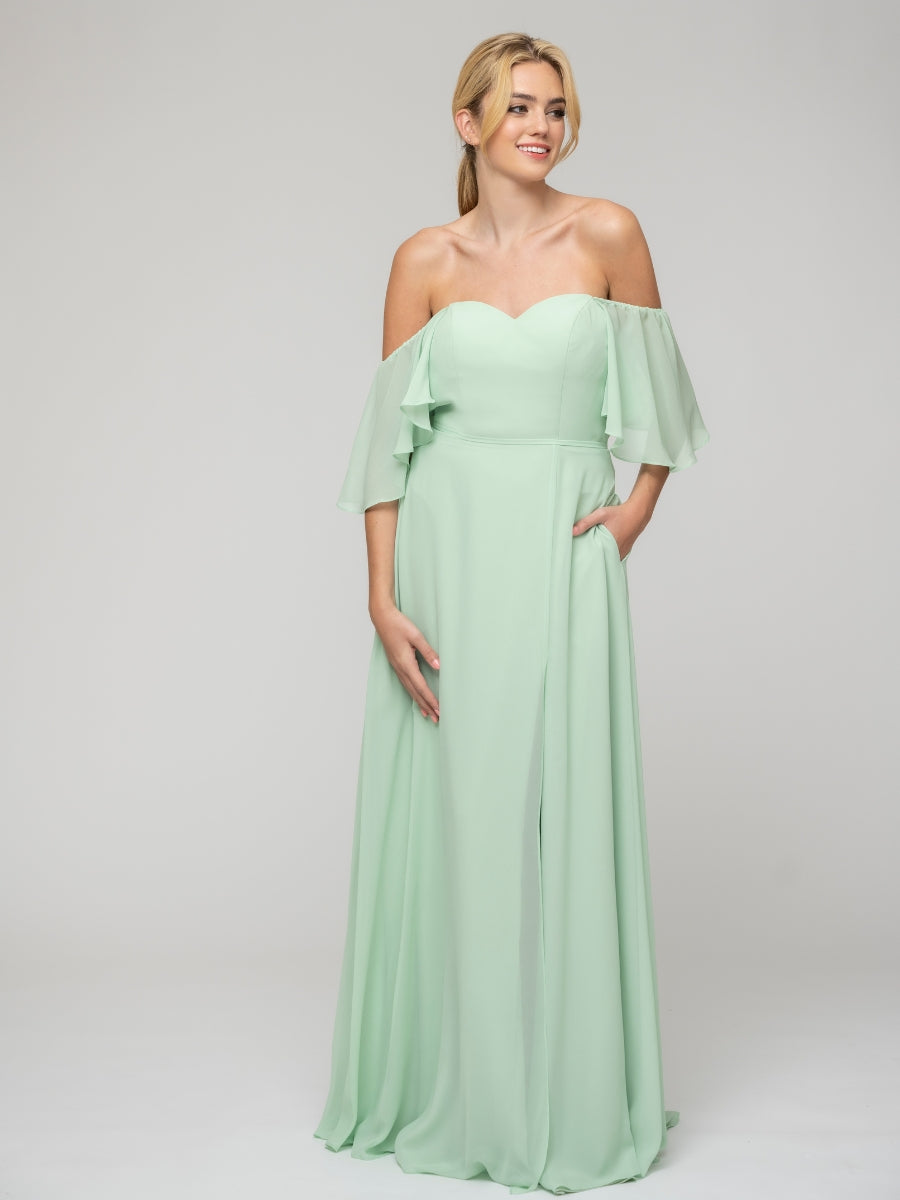 Mint Green Sweetheart Chiffon Flutter Sleeve Bridesmaid Dresses With Split