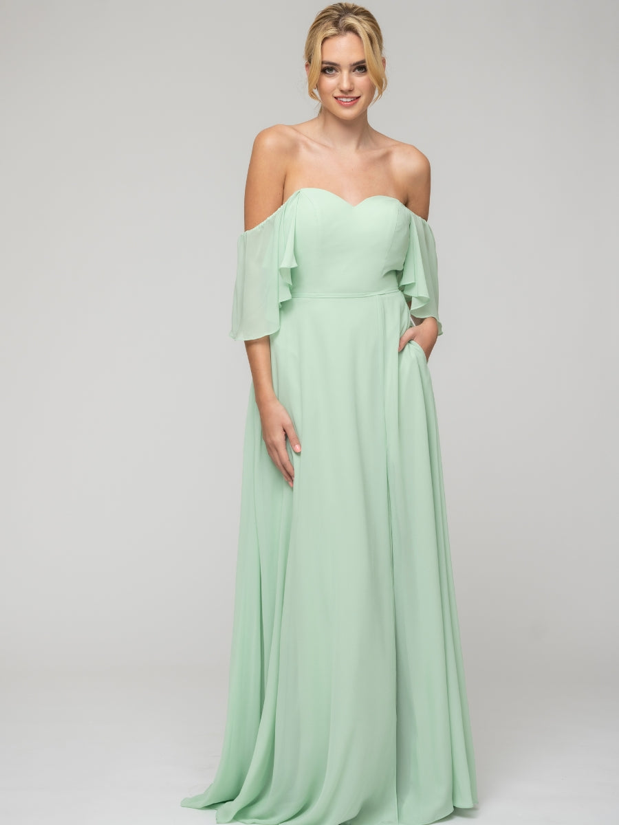 Mint Green Sweetheart Chiffon Flutter Sleeve Bridesmaid Dresses With Split