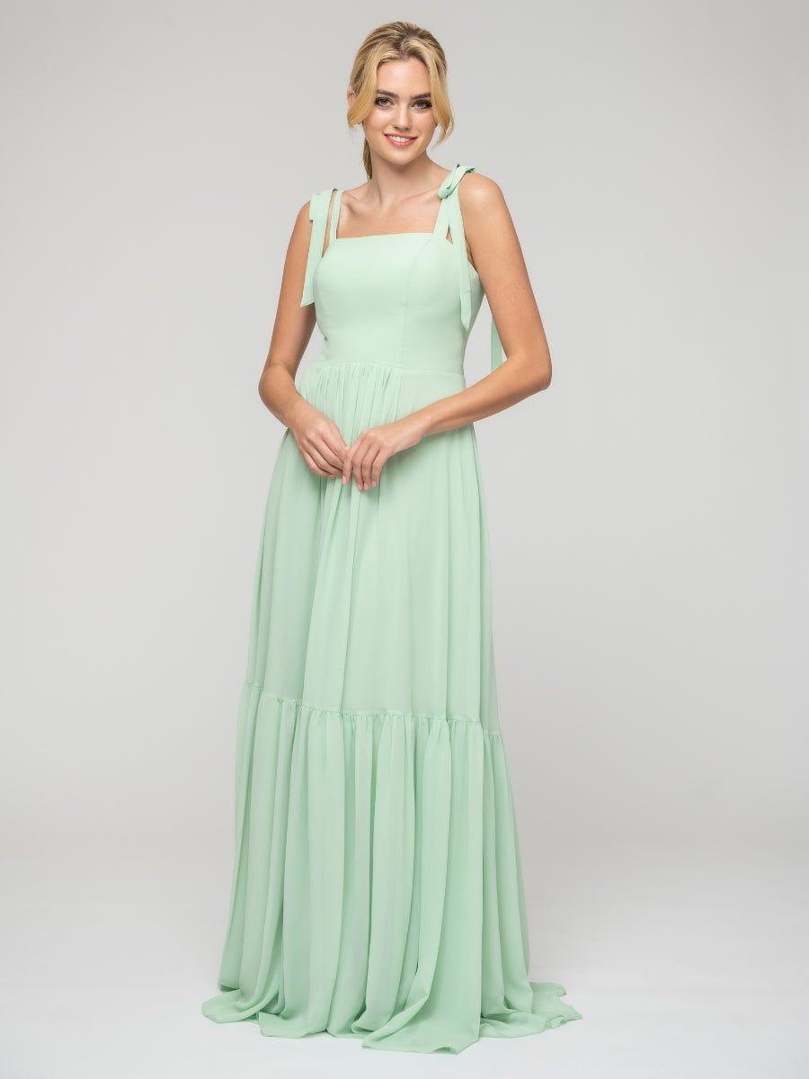 Mint Green Tie Strap Tiered Smock Open Back Chiffon Bridesmaid Dresses