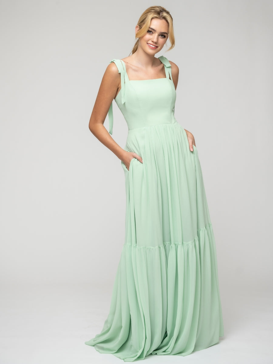 Mint Green Tie Strap Tiered Smock Open Back Chiffon Bridesmaid Dresses