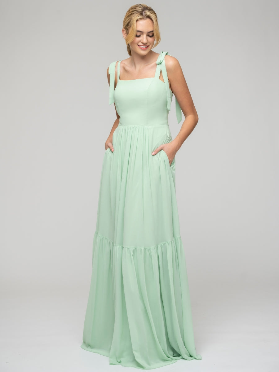 Mint Green Tie Strap Tiered Smock Open Back Chiffon Bridesmaid Dresses