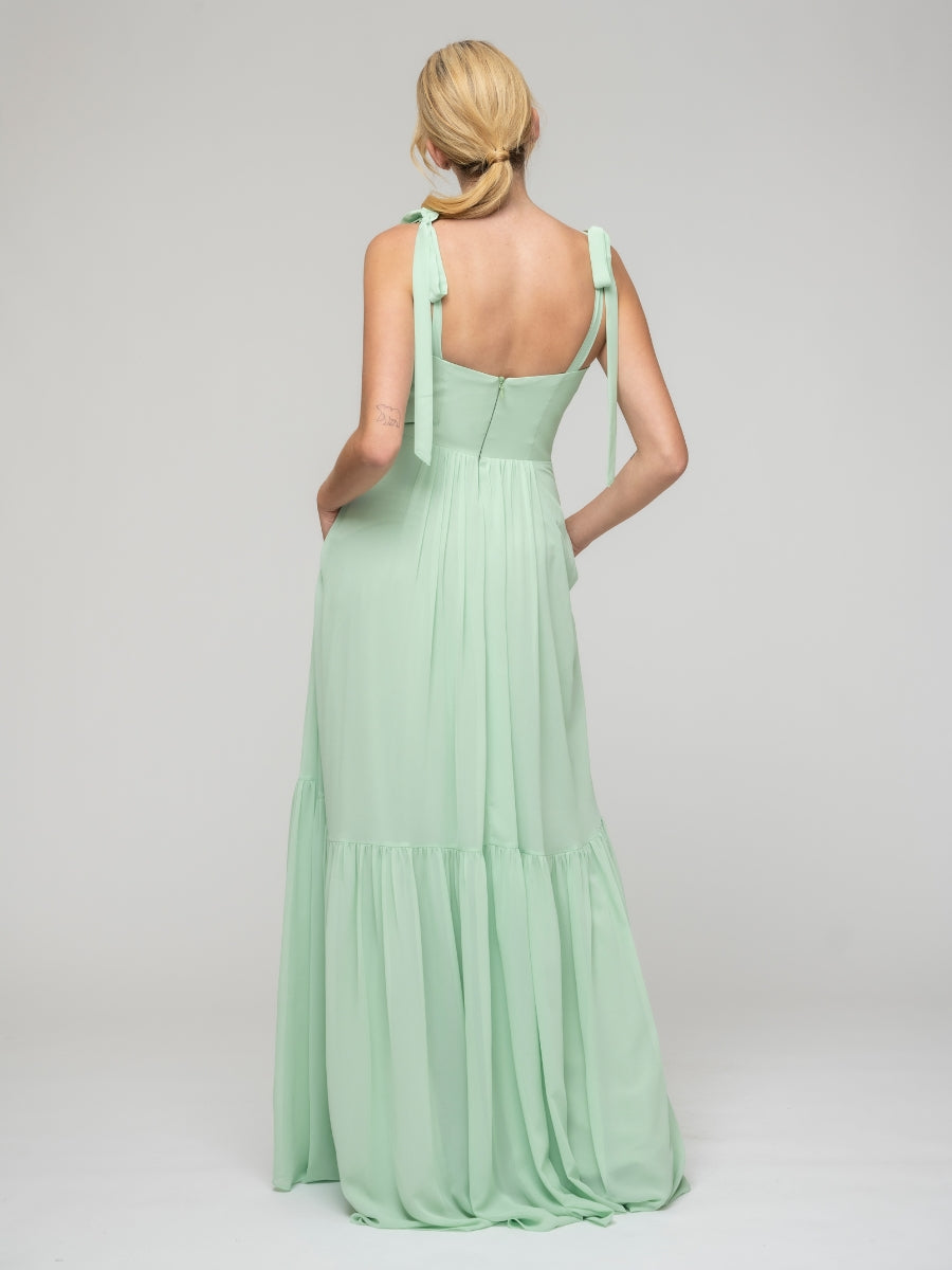 Mint Green Tie Strap Tiered Smock Open Back Chiffon Bridesmaid Dresses