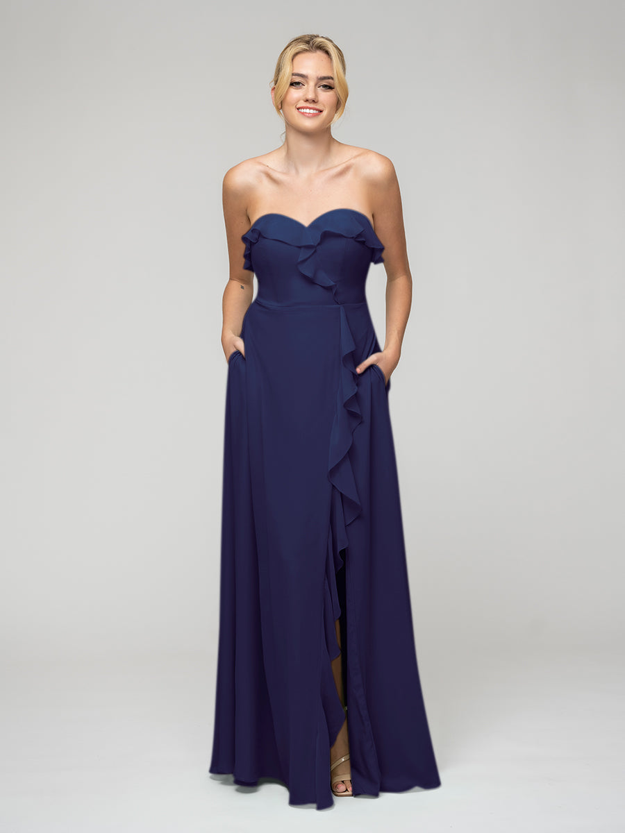 A Line Chiffon Strapless Bridesmaid Dresses With Ruffles