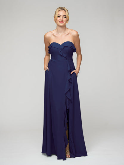 A Line Chiffon Strapless Bridesmaid Dresses With Ruffles