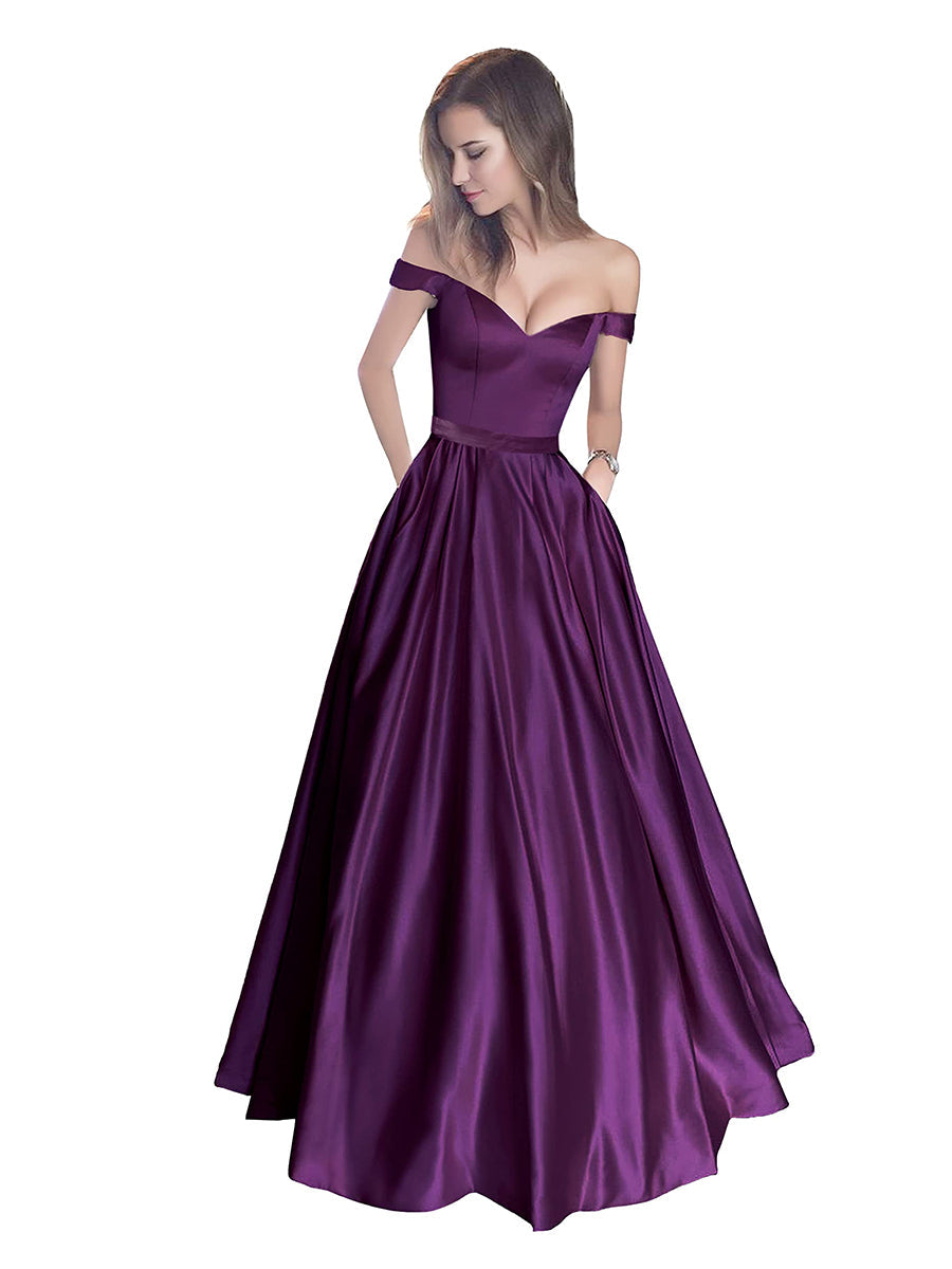 Off The Shoulder Beaded Satin A Line Prom Dress With Pocket