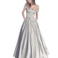 Off The Shoulder Beaded Satin A Line Prom Dress With Pocket
