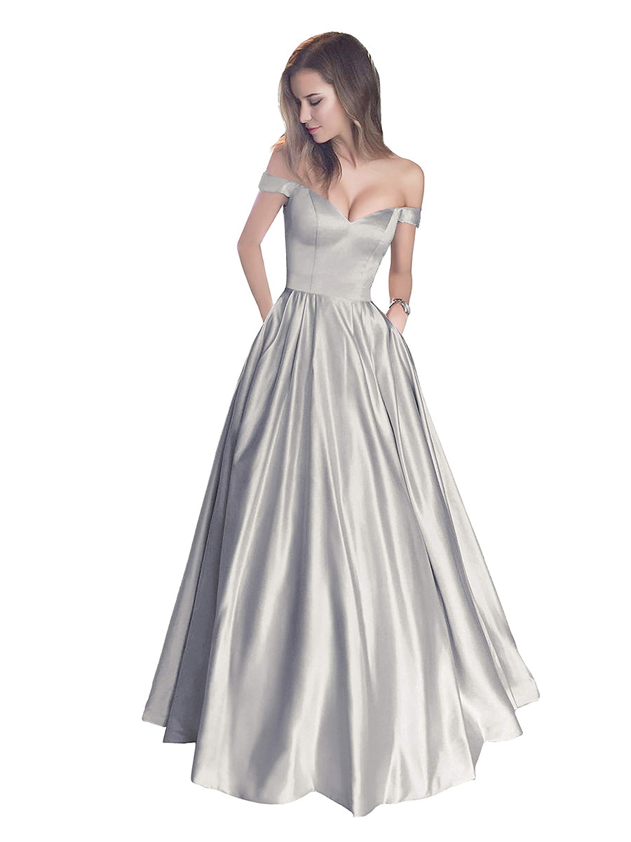 Off The Shoulder Beaded Satin A Line Prom Dress With Pocket