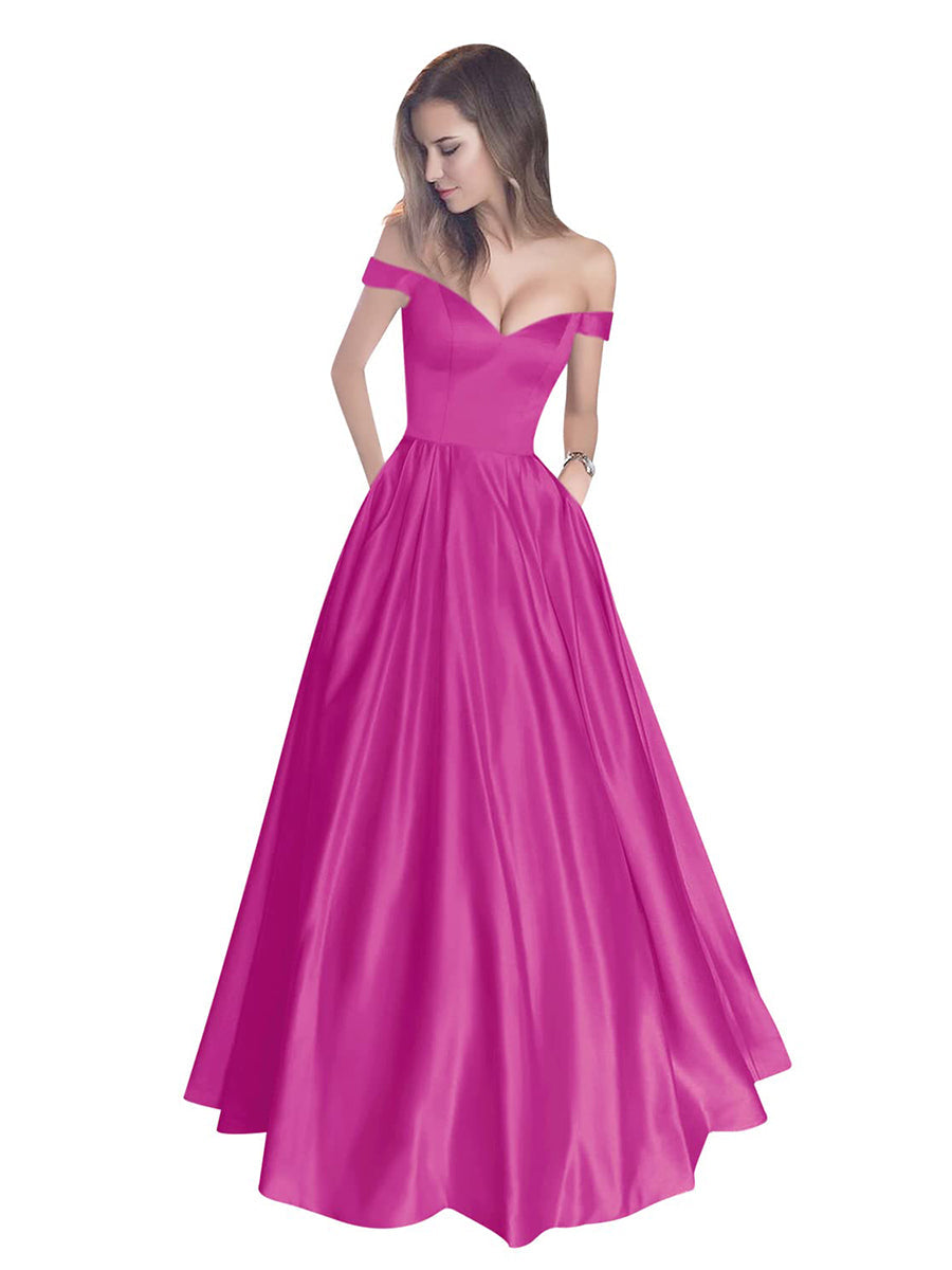 Off The Shoulder Beaded Satin A Line Prom Dress With Pocket