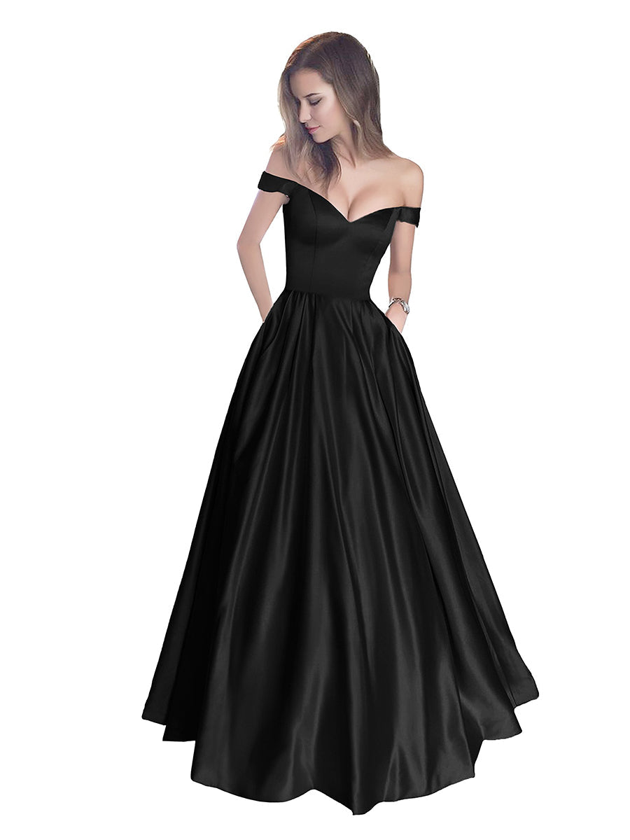 Off The Shoulder Beaded Satin A Line Prom Dress With Pocket
