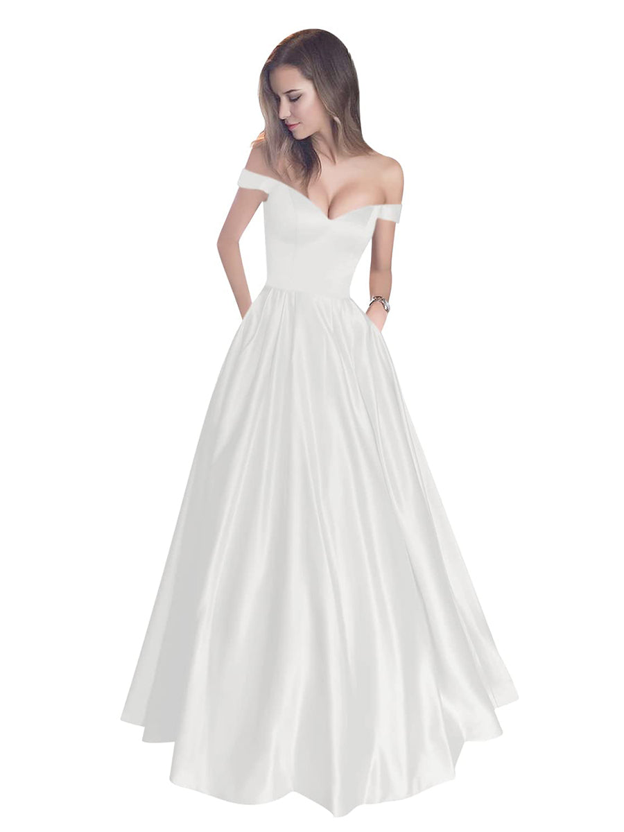 Off The Shoulder Beaded Satin A Line Prom Dress With Pocket