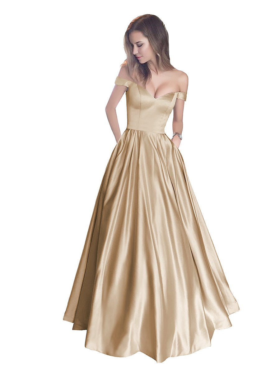 Off The Shoulder Beaded Satin A Line Prom Dress With Pocket