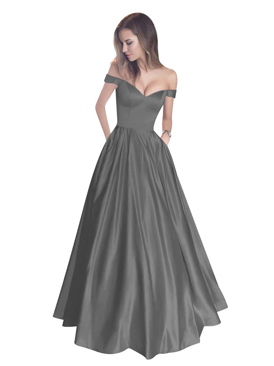 Off The Shoulder Beaded Satin A Line Prom Dress With Pocket