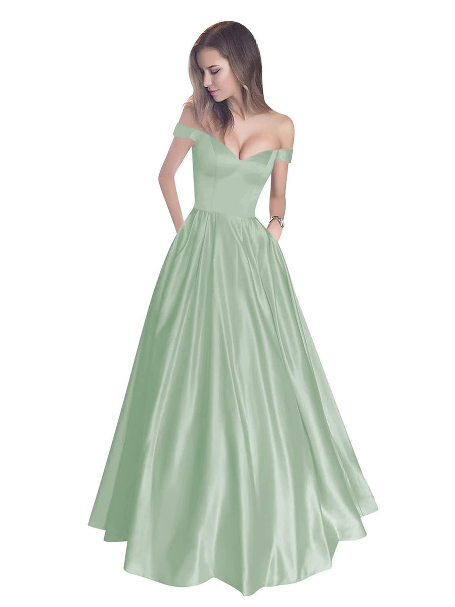 Off The Shoulder Beaded Satin A Line Prom Dress With Pocket