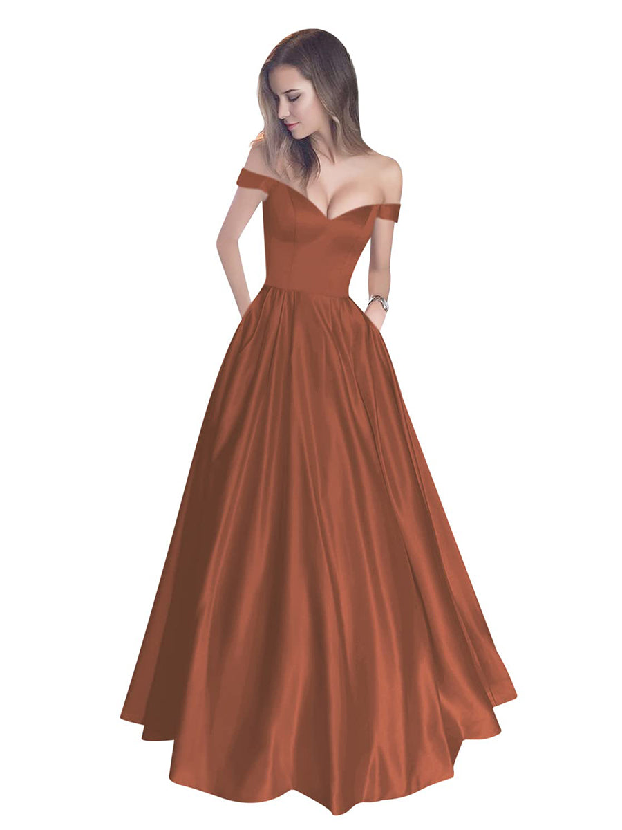 Off The Shoulder Beaded Satin A Line Prom Dress With Pocket