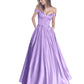 Off The Shoulder Beaded Satin A Line Prom Dress With Pocket