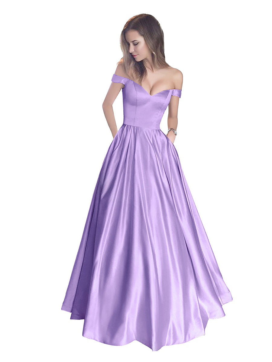 Off The Shoulder Beaded Satin A Line Prom Dress With Pocket