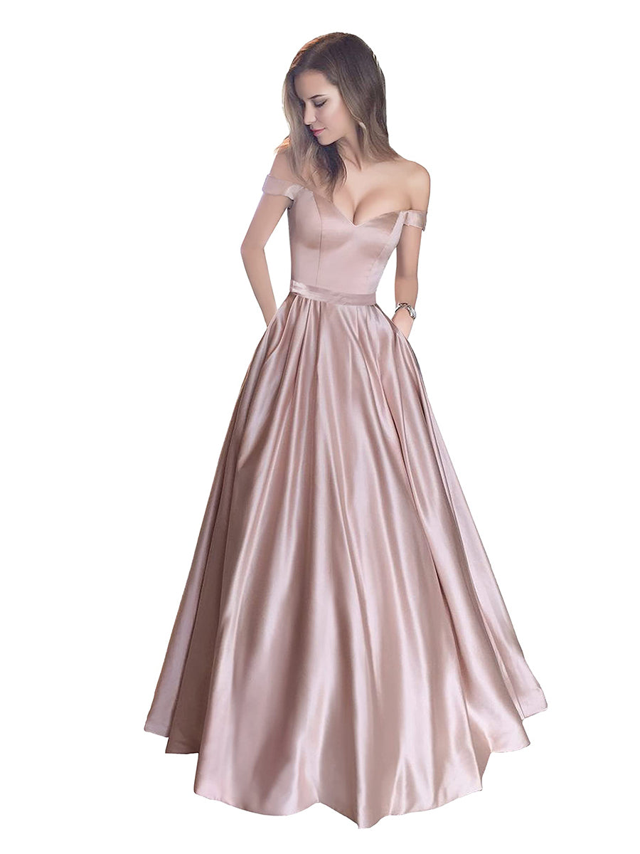 Off The Shoulder Beaded Satin A Line Prom Dress With Pocket