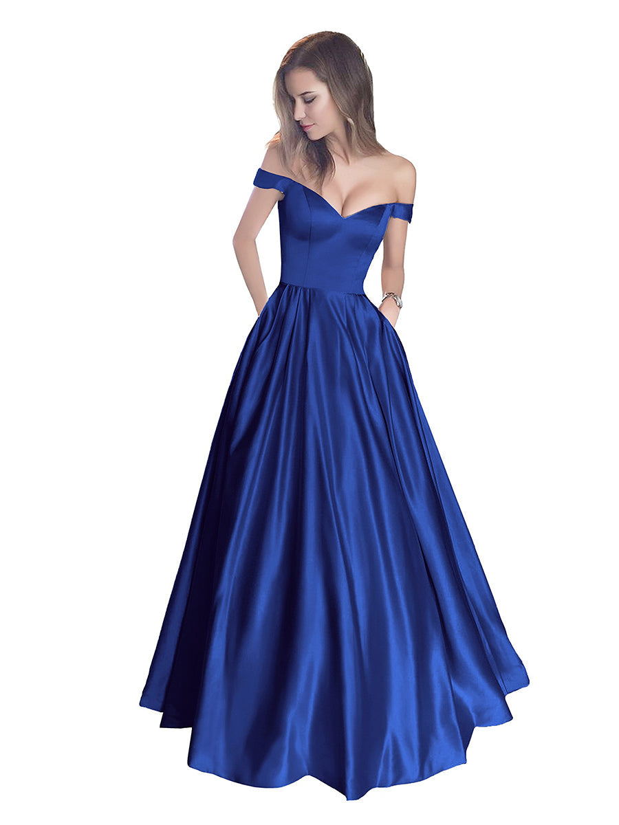 Off The Shoulder Beaded Satin A Line Prom Dress With Pocket