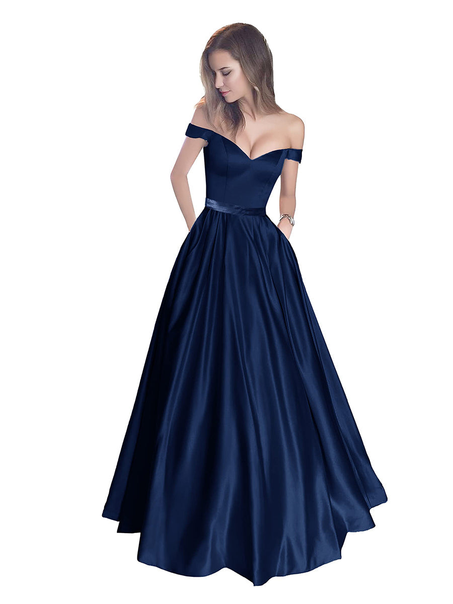 Off The Shoulder Beaded Satin A Line Prom Dress With Pocket