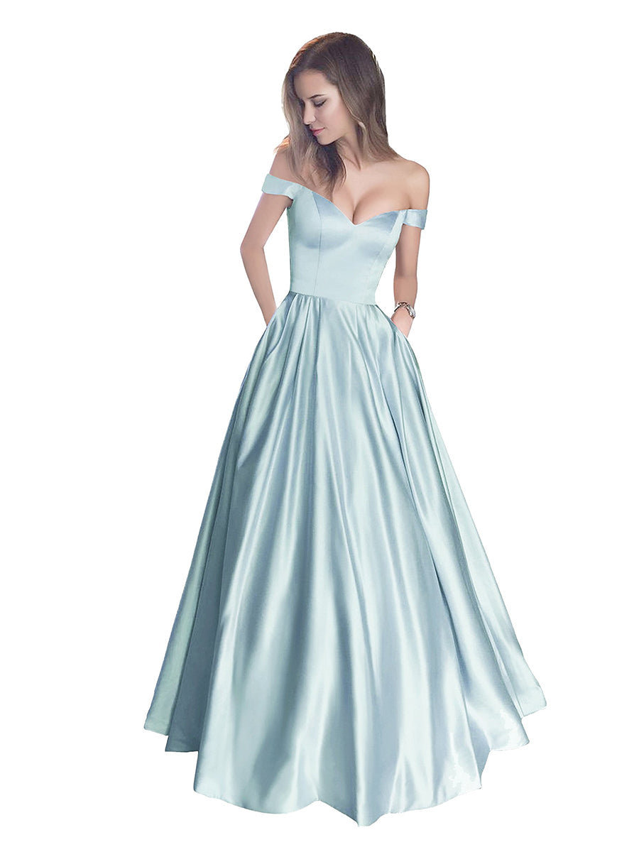 Off The Shoulder Beaded Satin A Line Prom Dress With Pocket