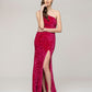 Side Split Sequin One Shoulder Fitted Long Prom Dresses