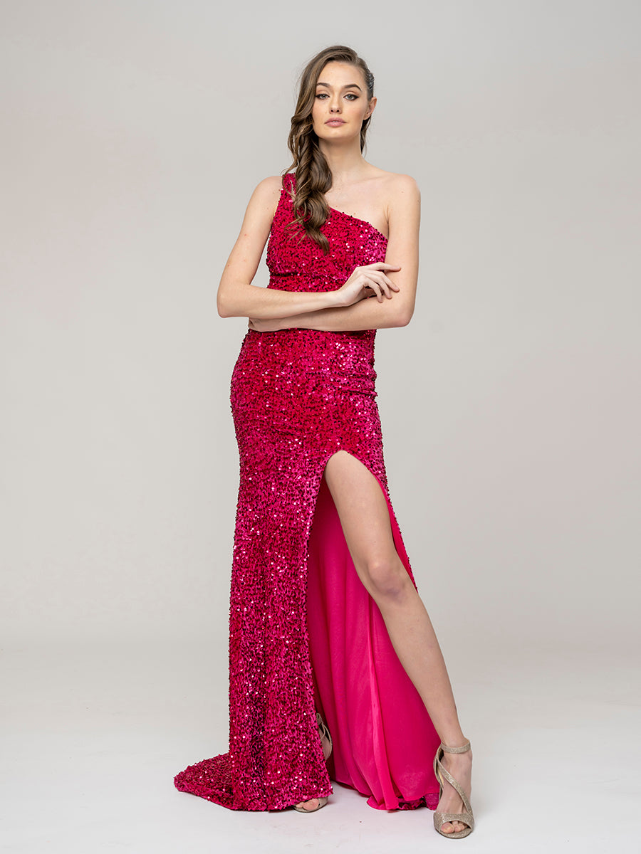 Side Split Sequin One Shoulder Fitted Long Prom Dresses