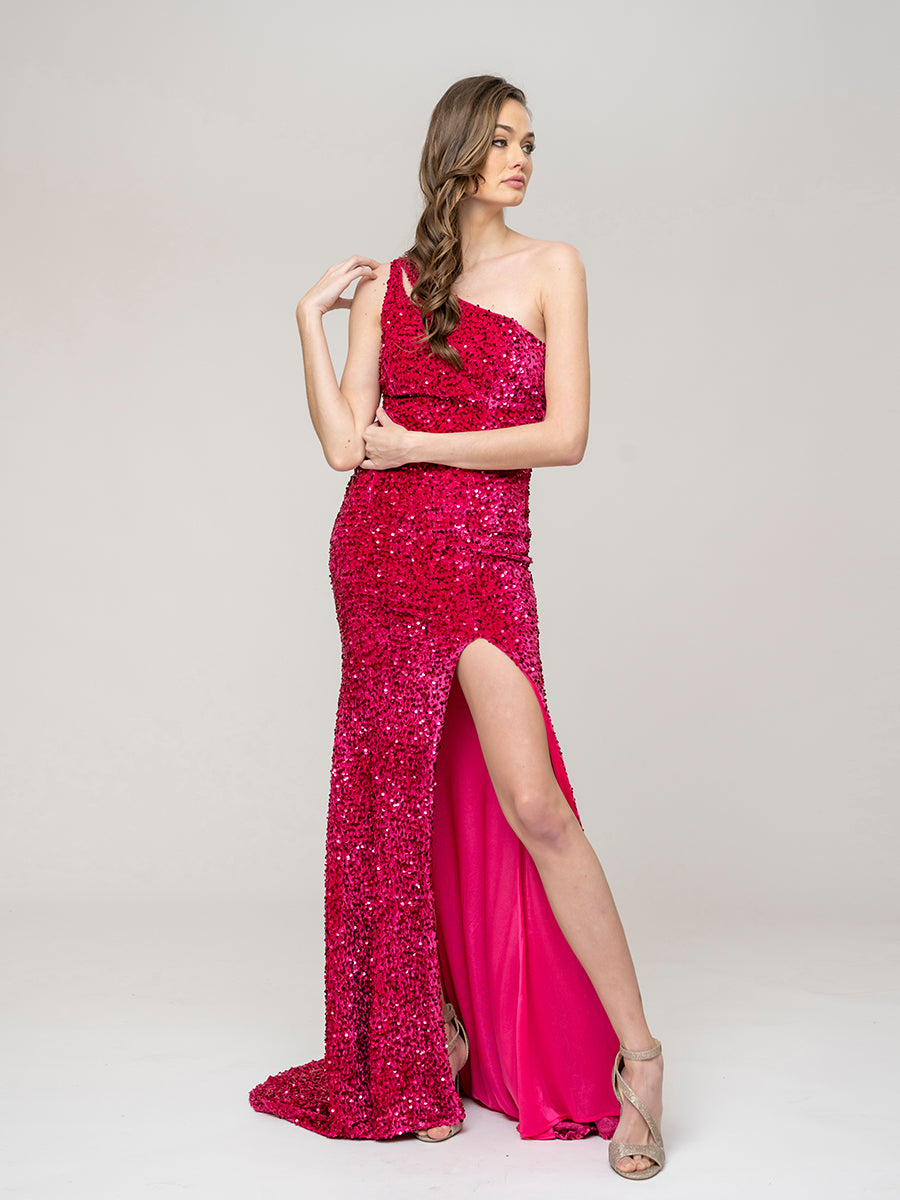 Side Split Sequin One Shoulder Fitted Long Prom Dresses