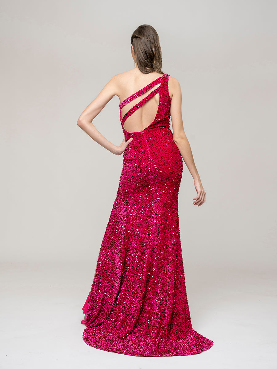 Side Split Sequin One Shoulder Fitted Long Prom Dresses