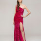 Side Split Sequin One Shoulder Fitted Long Prom Dresses