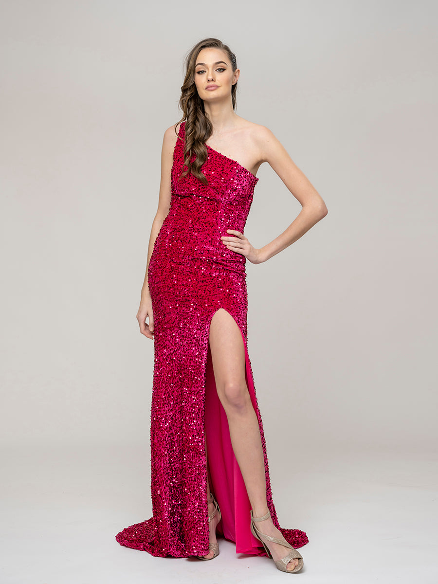 Side Split Sequin One Shoulder Fitted Long Prom Dresses