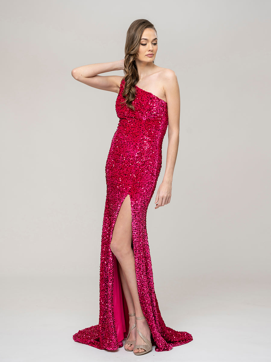 Side Split Sequin One Shoulder Fitted Long Prom Dresses