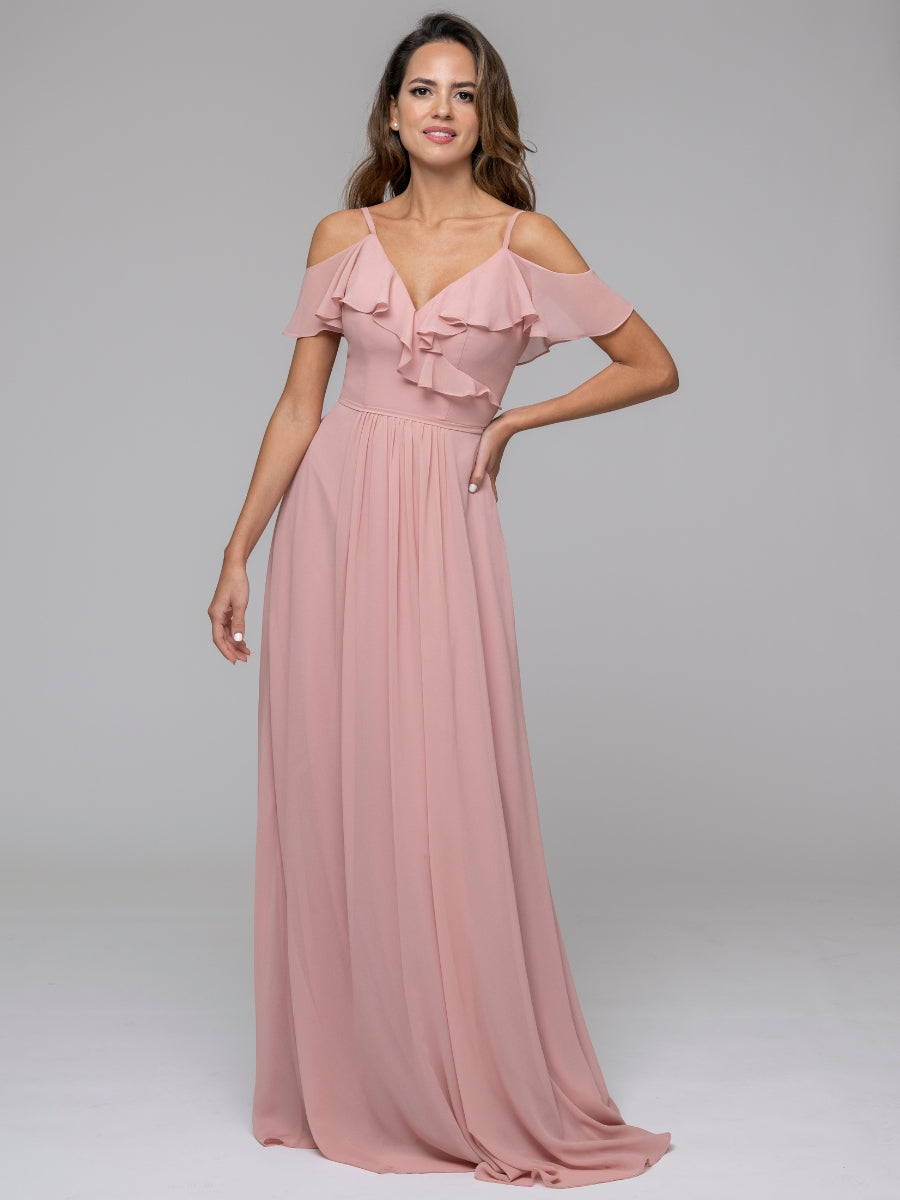 Open Back Cold Sleeve Chiffon Ruffles Long Bridesmaid Dresses