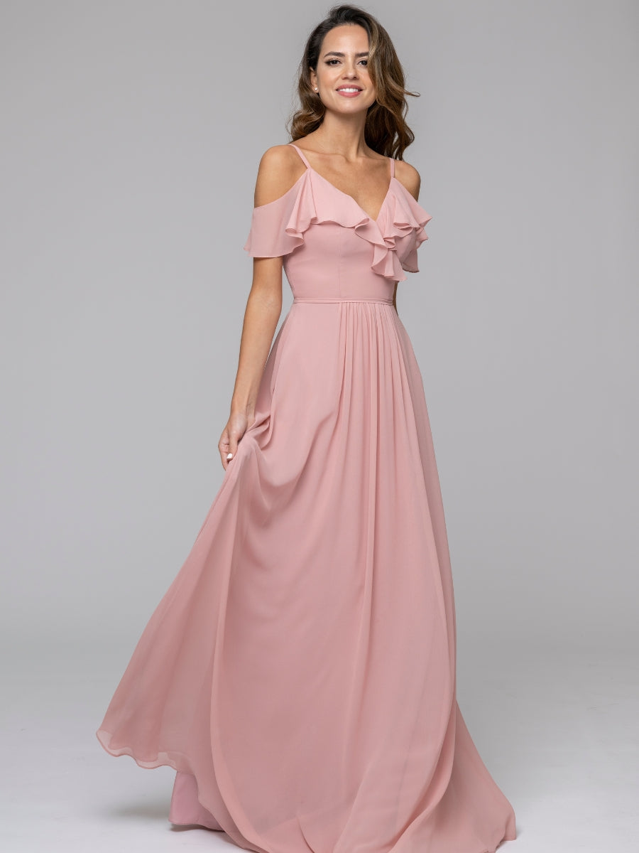 Open Back Cold Sleeve Chiffon Ruffles Long Bridesmaid Dresses