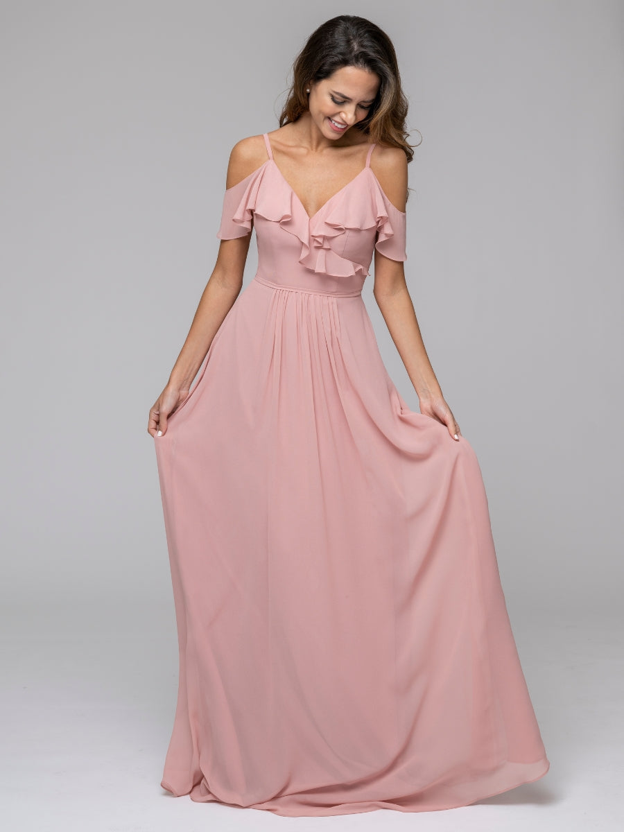 Open Back Cold Sleeve Chiffon Ruffles Long Bridesmaid Dresses