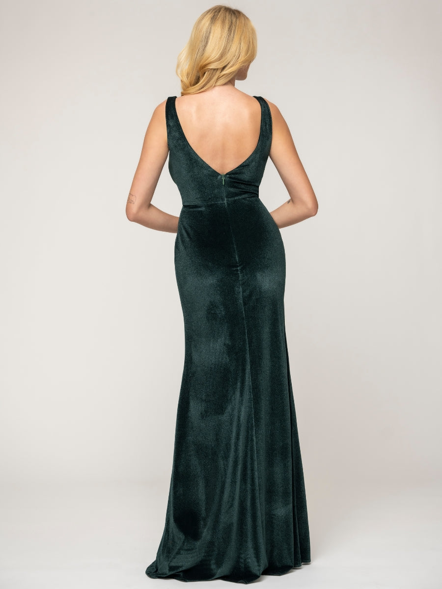 Sheath Floor Length Pluning V Neck Velvet Bridesmaid Dresses