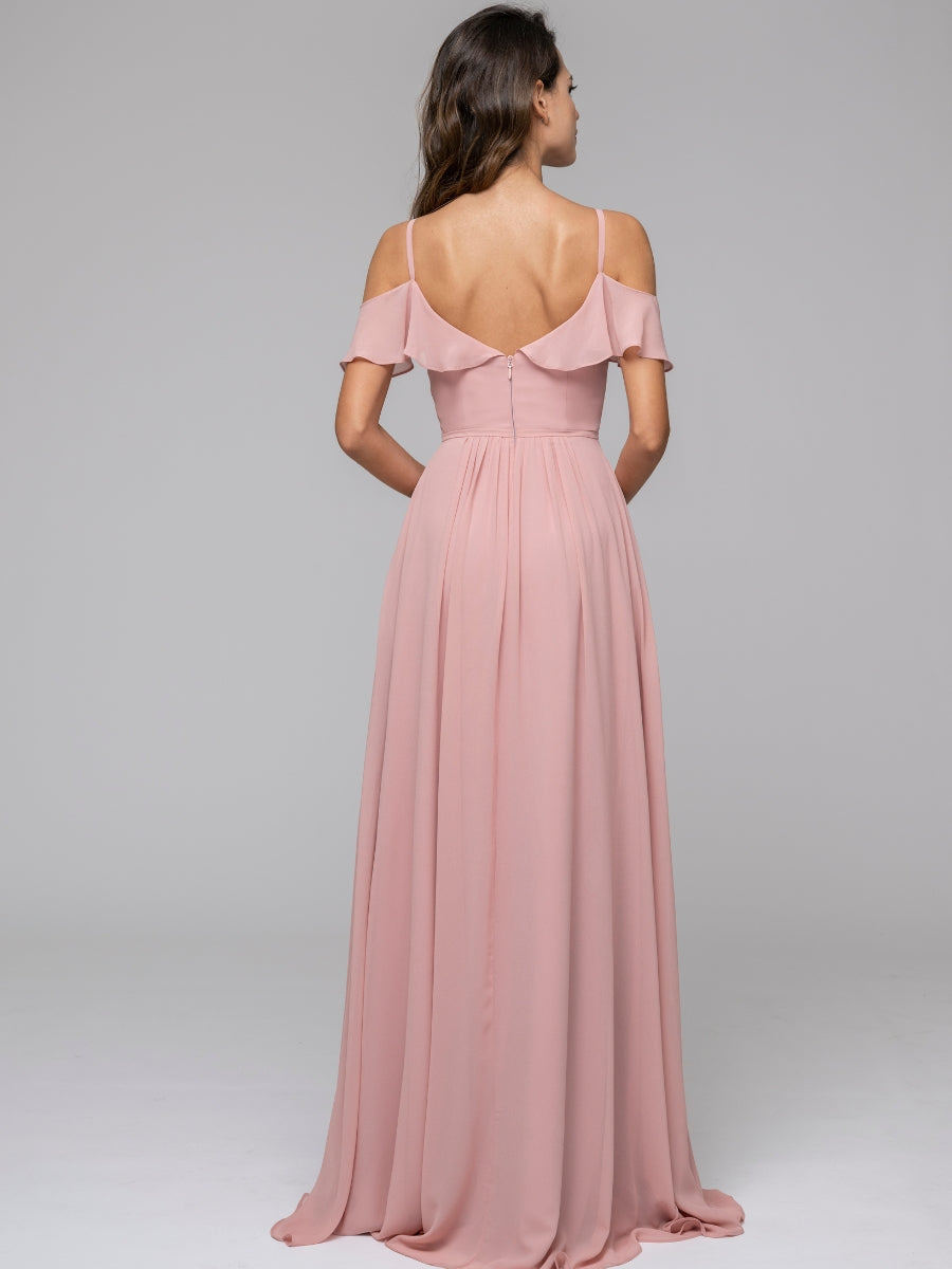 Open Back Cold Sleeve Chiffon Ruffles Long Bridesmaid Dresses