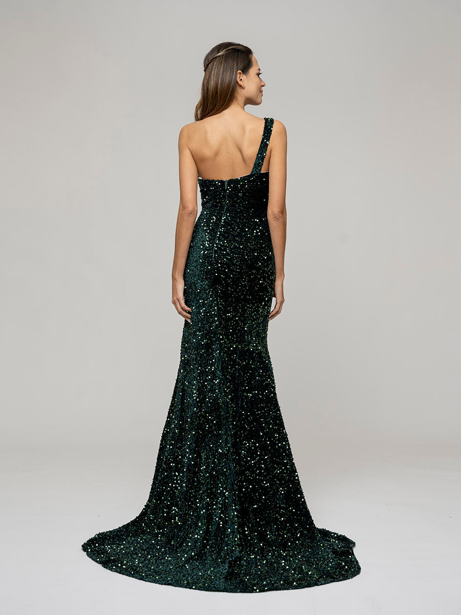 Open Back Sparkly Sequin Fitted Prom Dresses With Split