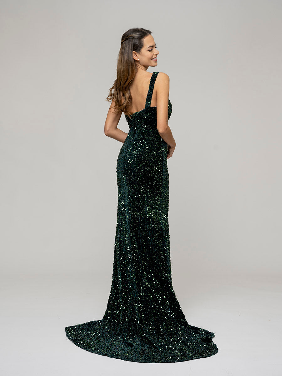 Open Back Sparkly Sequin Fitted Prom Dresses With Split