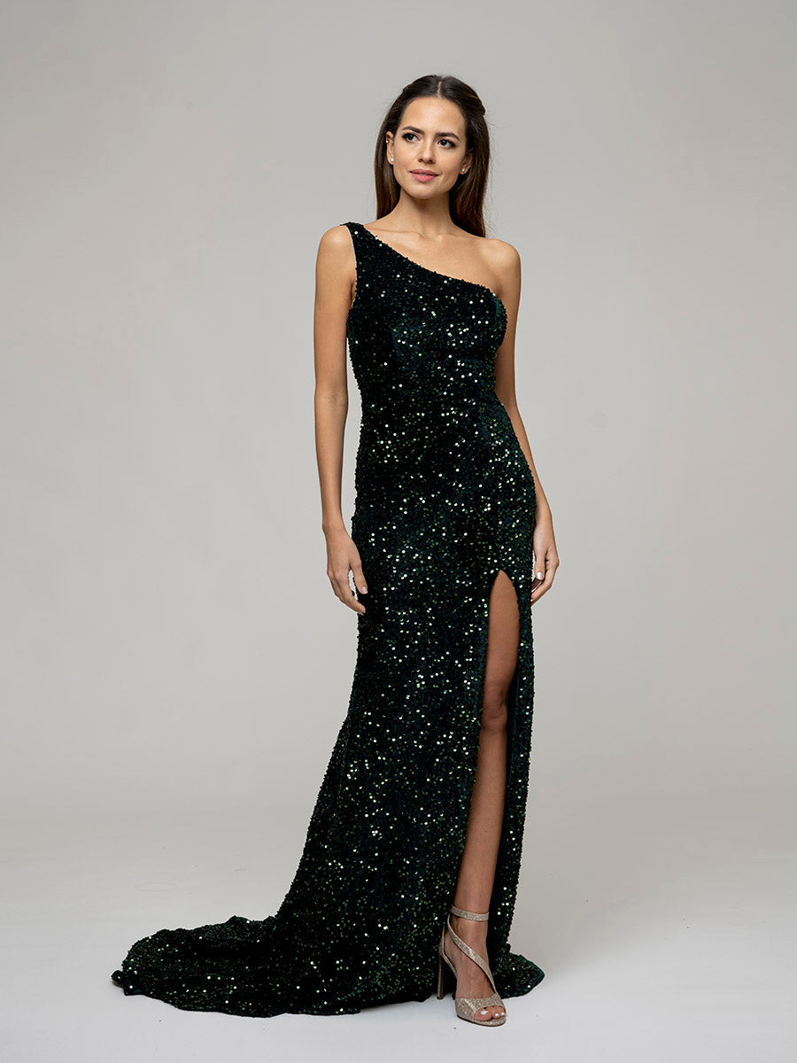 Open Back Sparkly Sequin Fitted Prom Dresses With Split