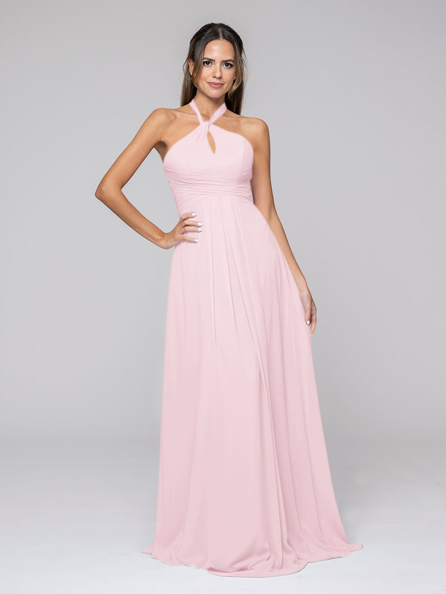 Tie-neck Halter Sleeveless Wedding Bridesmaid Dresses With Ruched Waist