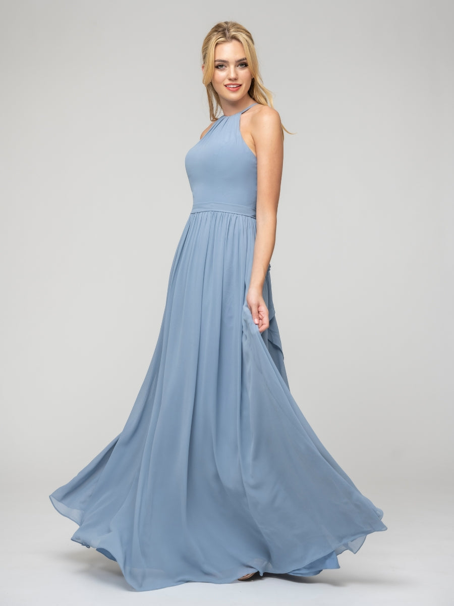 Pleats Bodice Chiffon Halter A Line Bridesmaid Dresses