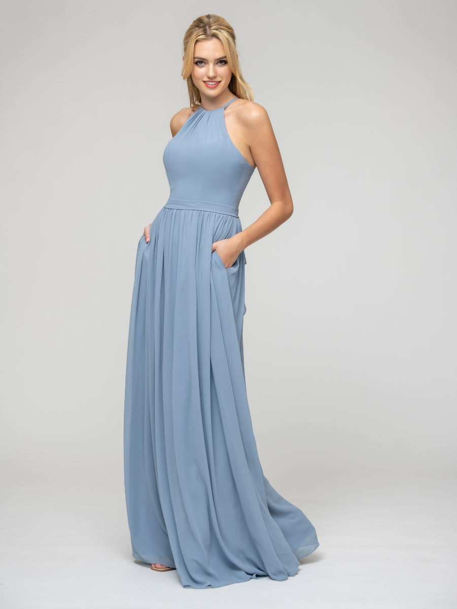 Pleats Bodice Chiffon Halter A Line Bridesmaid Dresses