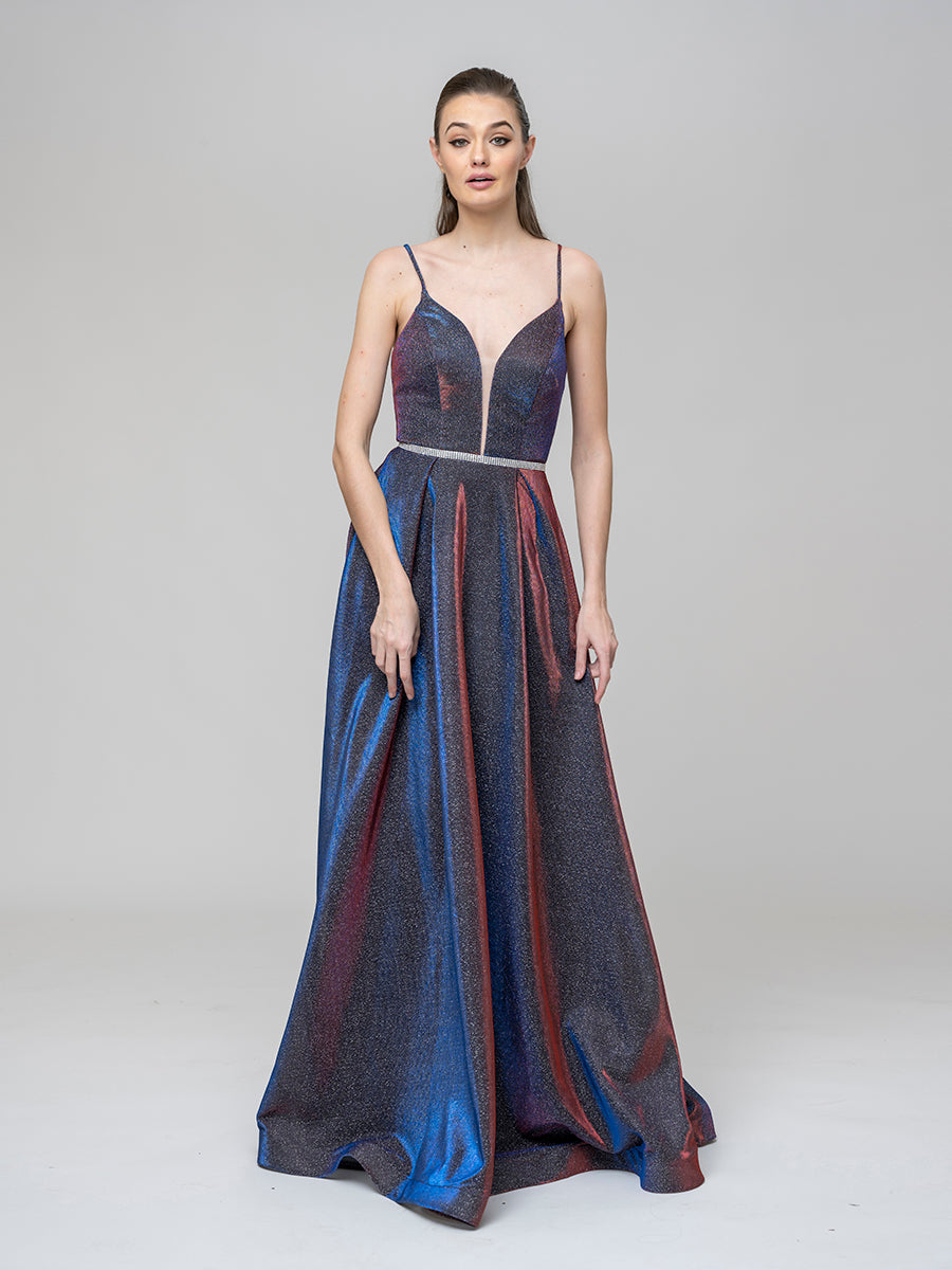 Plunging V Neck Criss Cross Back A Line Prom Dresses