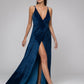 Pluning V Neck Front Slit Velvet Long Bridesmaid Dresses