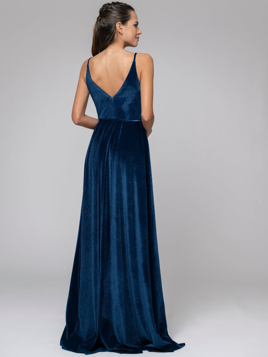 Pluning V Neck Front Slit Velvet Long Bridesmaid Dresses