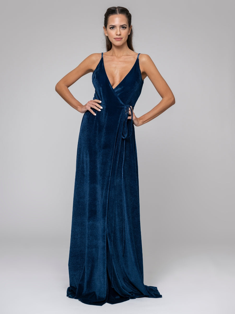 Pluning V Neck Front Slit Velvet Long Bridesmaid Dresses