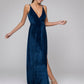 Pluning V Neck Front Slit Velvet Long Bridesmaid Dresses