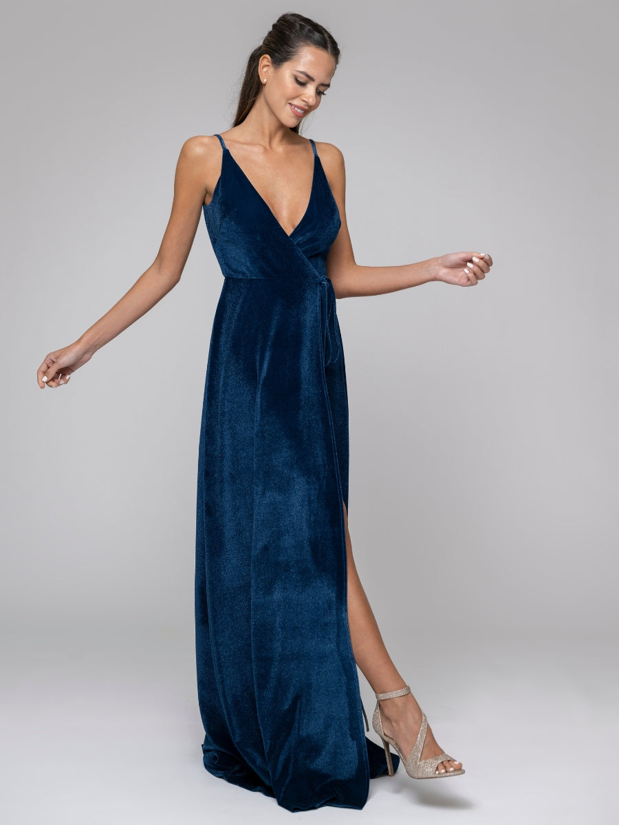 Pluning V Neck Front Slit Velvet Long Bridesmaid Dresses