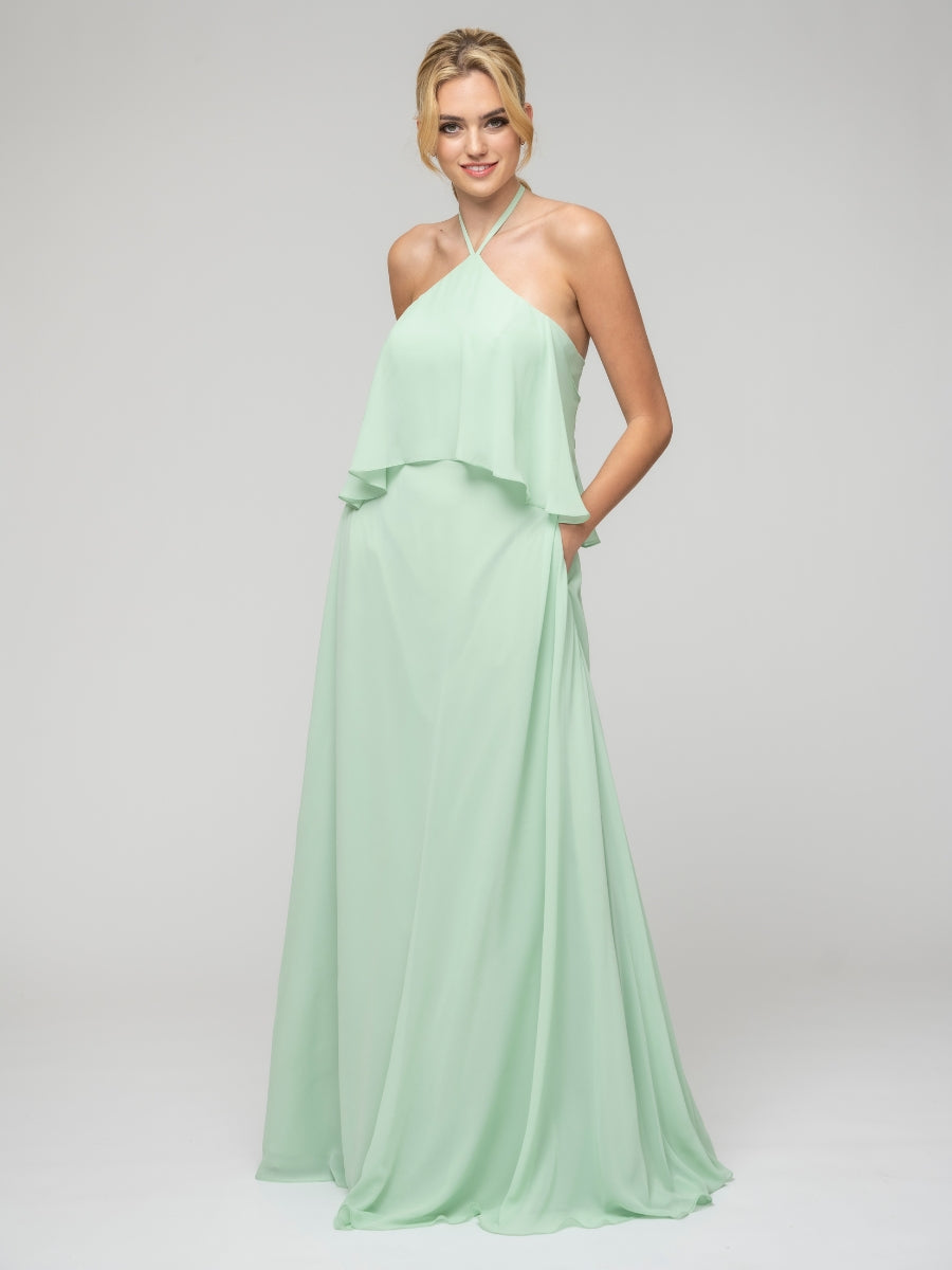 Ruffles Bodice Halter A Line Chiffon Bridal Party Dresses